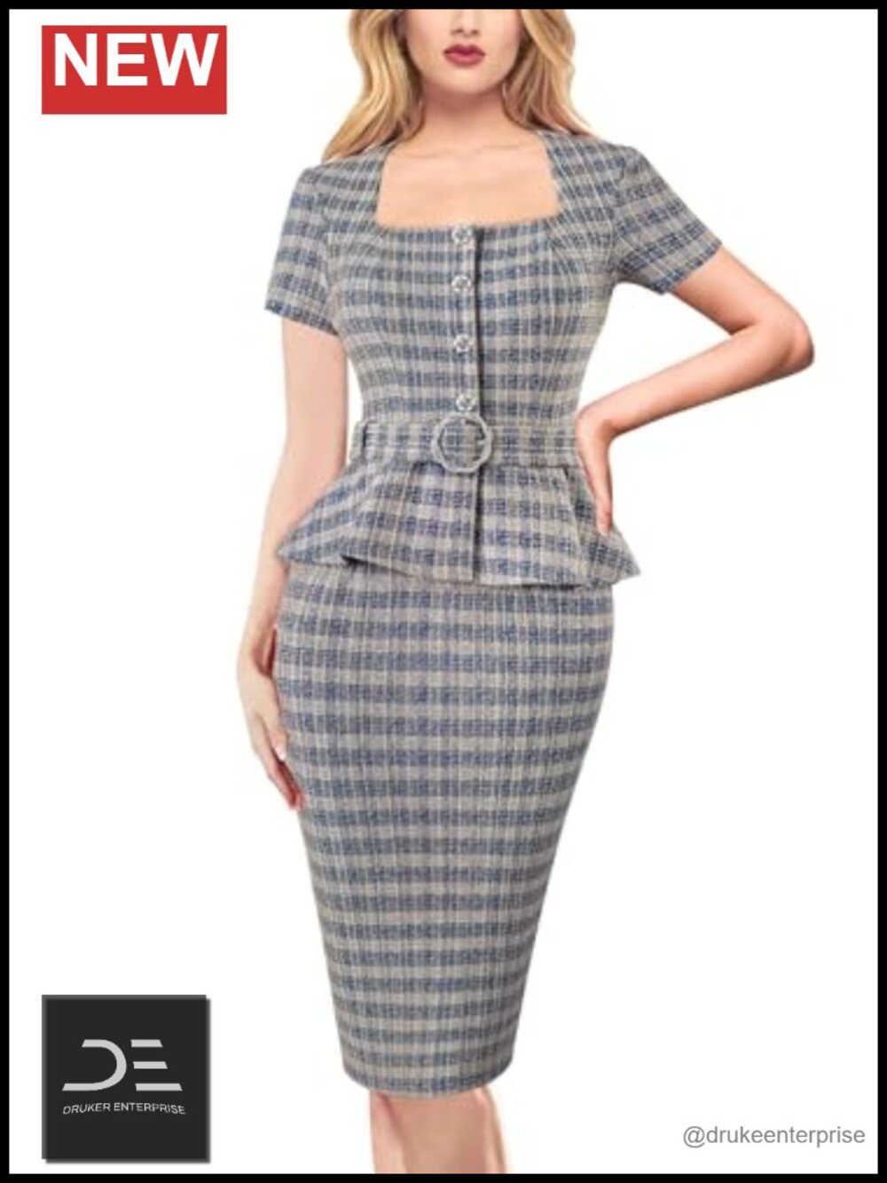 Womens Square Neck Peplum Pencil Work Dress Short Sleeve Business Office